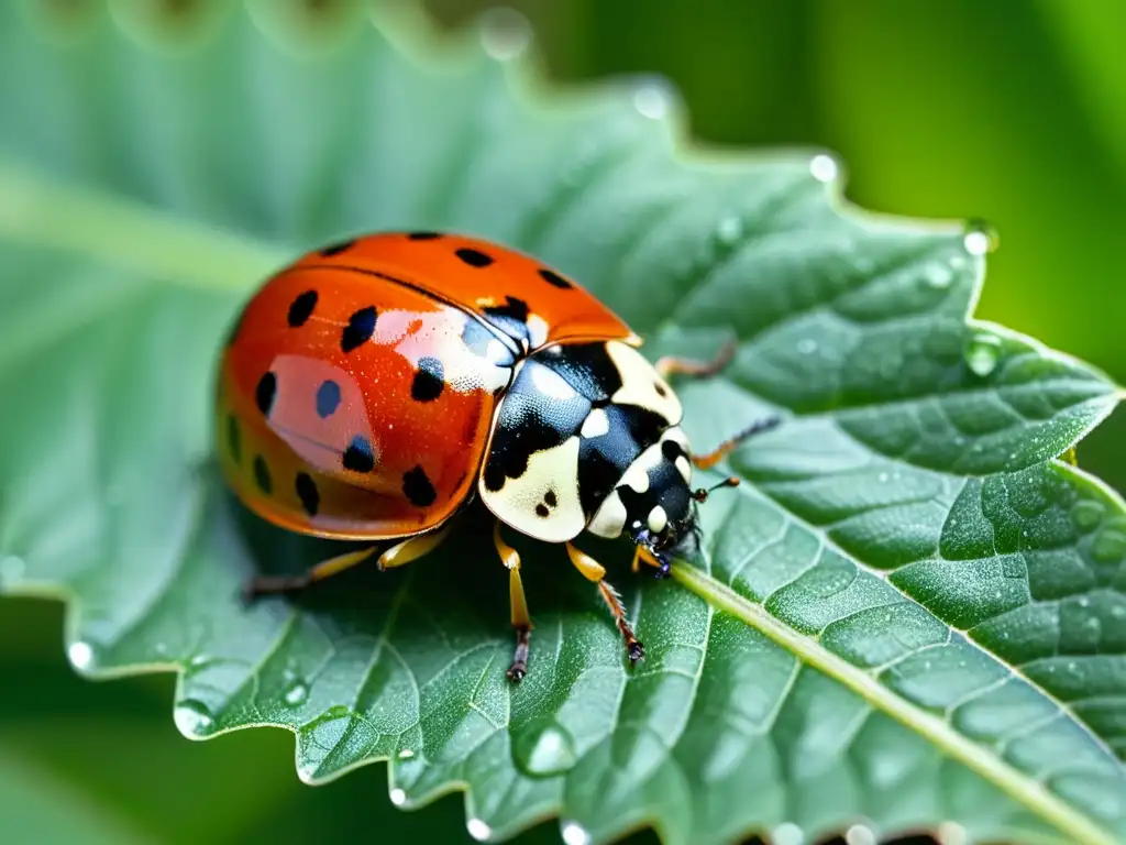 Detalle de una mariquita en una hoja verde vibrante, mostrando la belleza natural del manejo ecológico de plagas de insectos