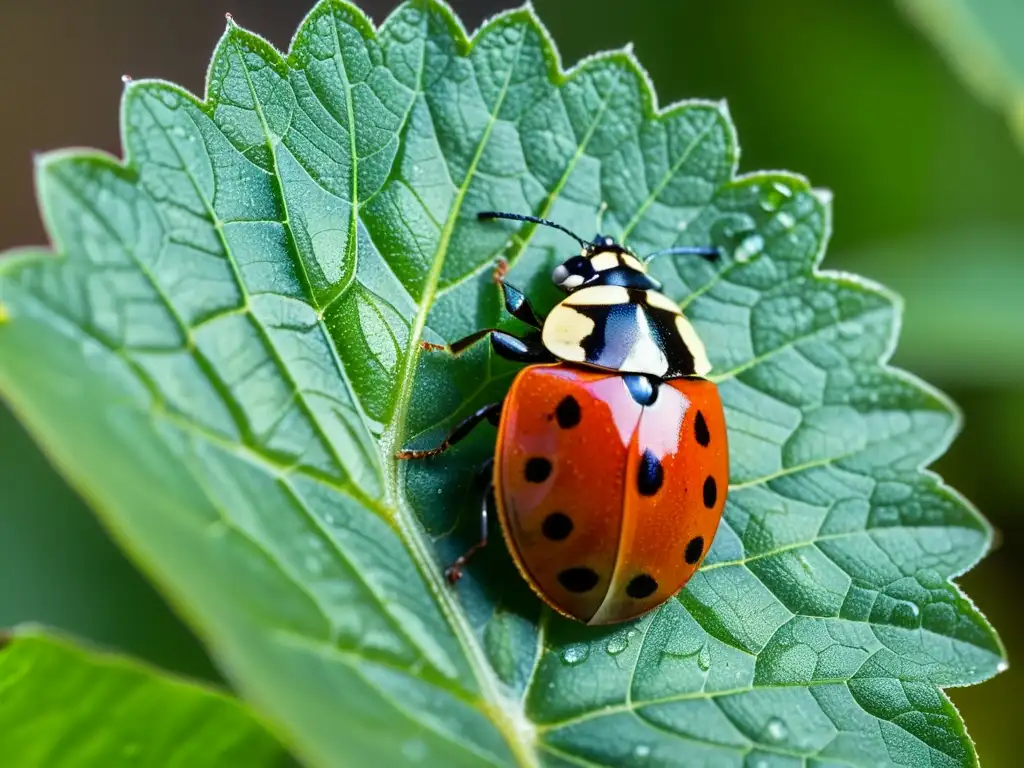 Detalle de una mariquita sobre una hoja verde brillante con rocío, mostrando nuevas especies aliadas control biológico en la naturaleza