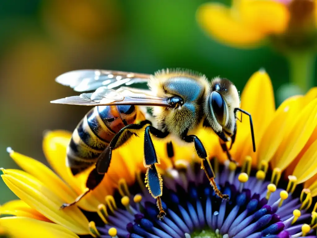 Detalle del mecanismo de detección de olores en las delicadas antenas de una abeja, con gotas de néctar brillando al sol