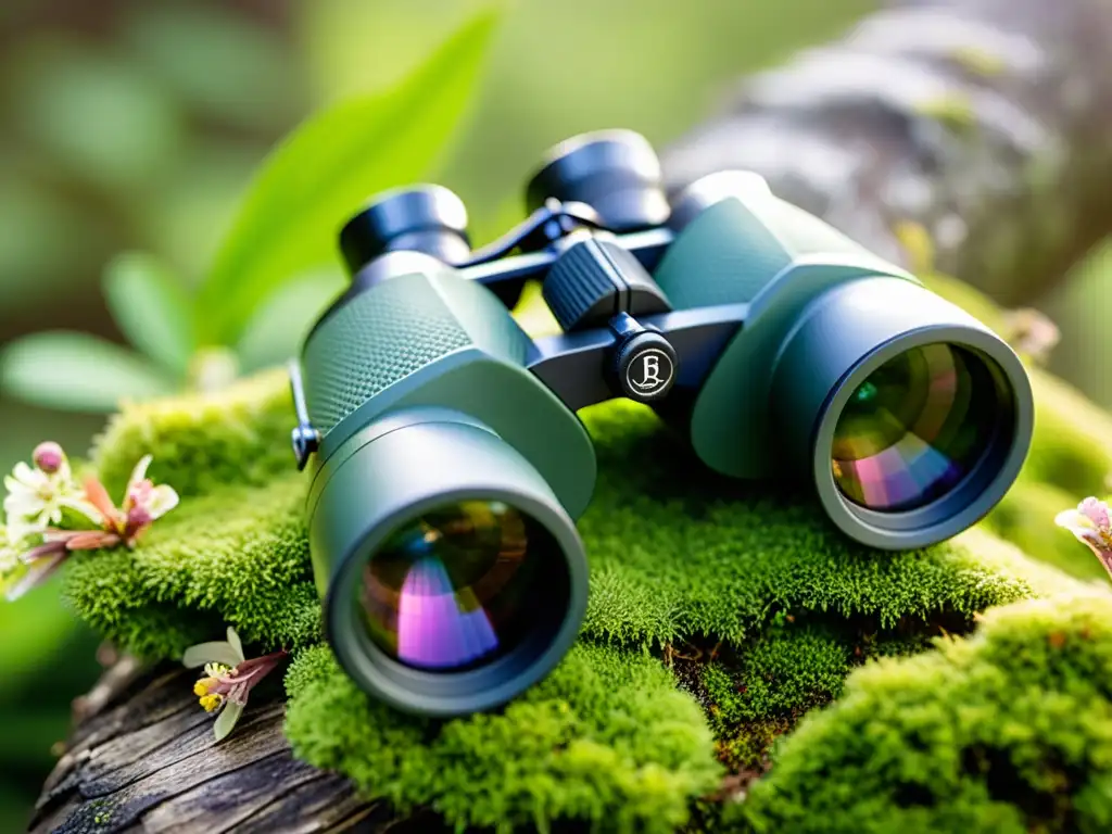 Detalle de los mejores binoculares para observación de insectos, descansando en una rama cubierta de musgo, bañados por la luz del sol entre las hojas