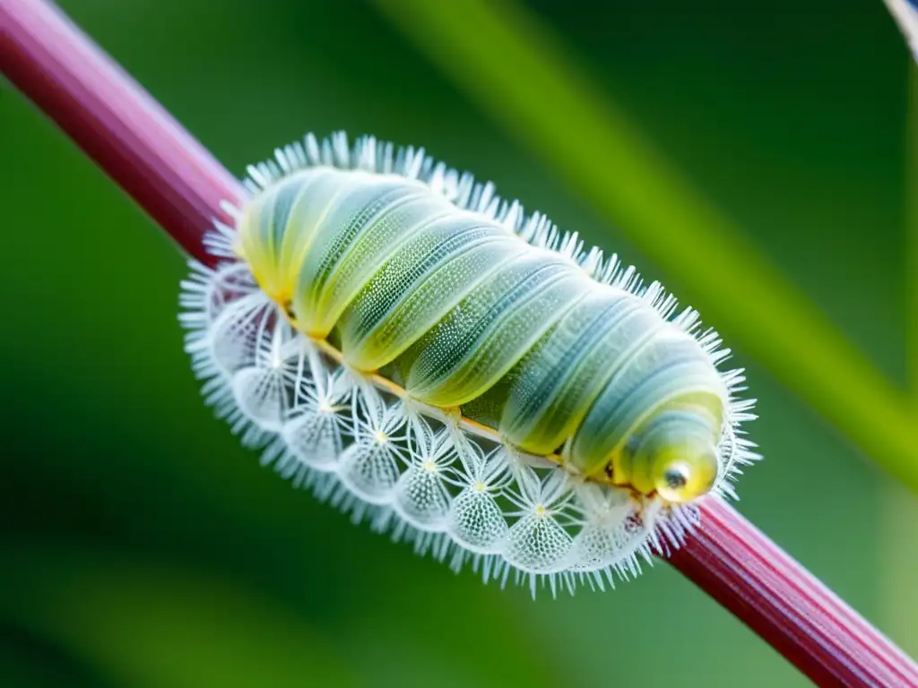 Detalle de la metamorfosis: capullo de insecto con sutiles patrones y texturas de seda, con gotas de rocío