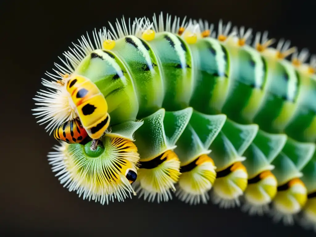 Detalle de metamorfosis en insectos y animales: Oruga en proceso, piel abriéndose para revelar crisálida delicada y vibrante