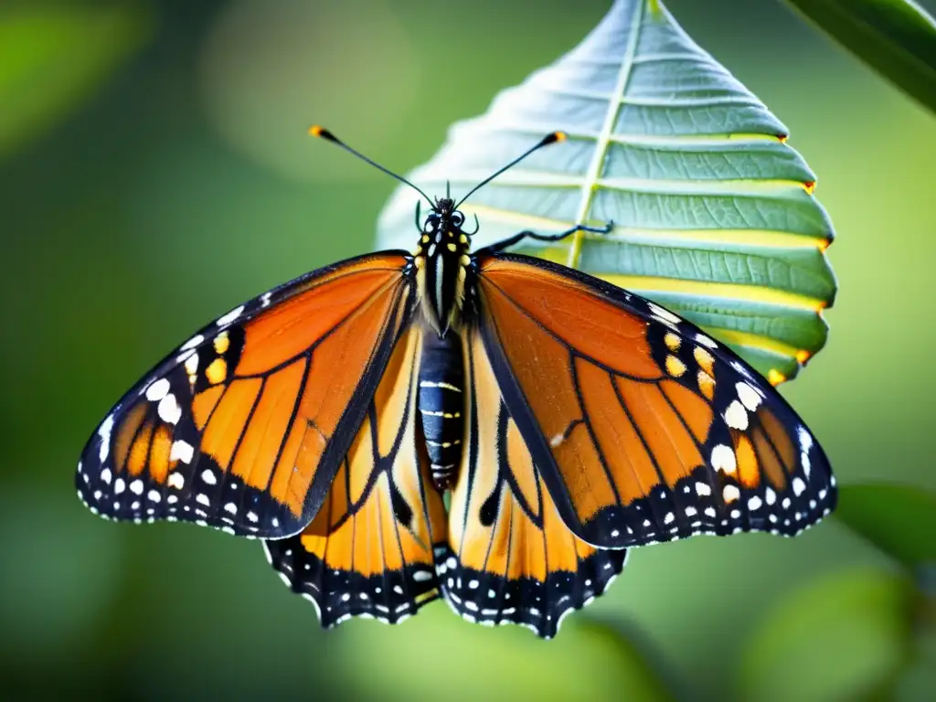 Detalle de la metamorfosis de una mariposa monarca, con mutaciones genéticas en insectos y sus coloridos patrones al salir del capullo