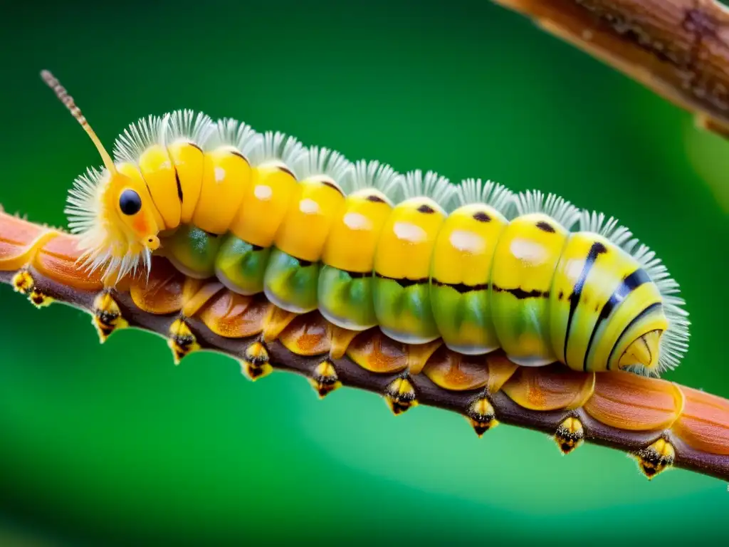 Detalle de la metamorfosis de una oruga, con colores vibrantes y texturas delicadas