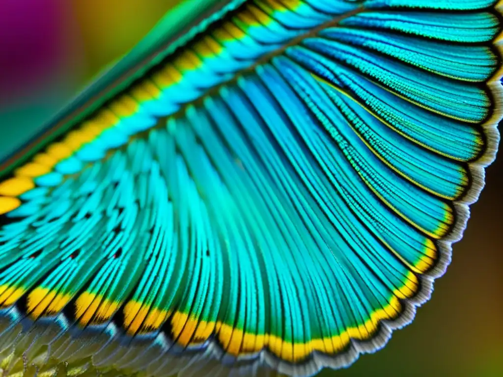 Detalle microscópico de ala de mariposa, revelando patrones y colores