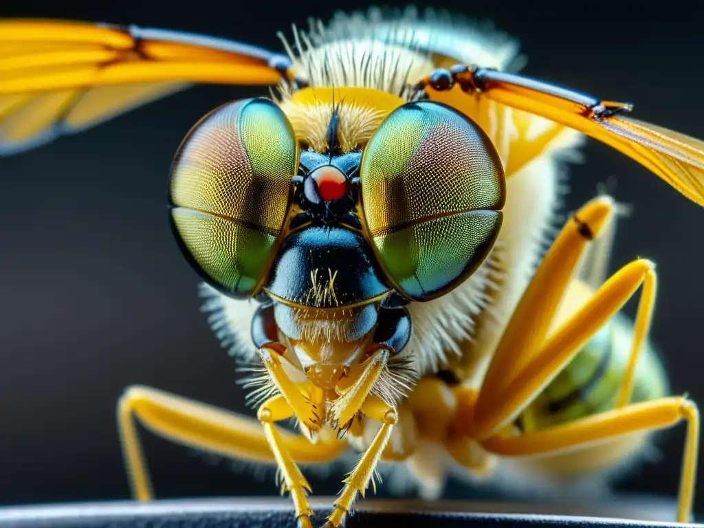 Detalle microscópico de la anatomía y fisiología de insectos: venas de las alas, ojos compuestos y patas