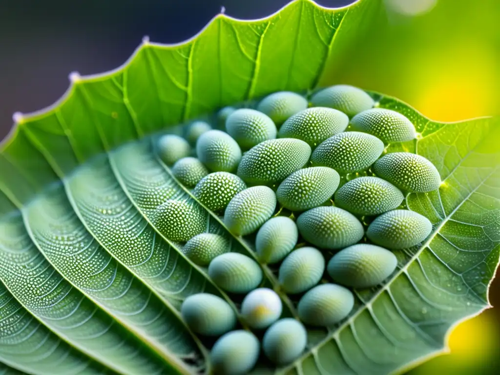 Detalle microscópico de huevos de insecto en hoja verde, iluminados por la luz del sol