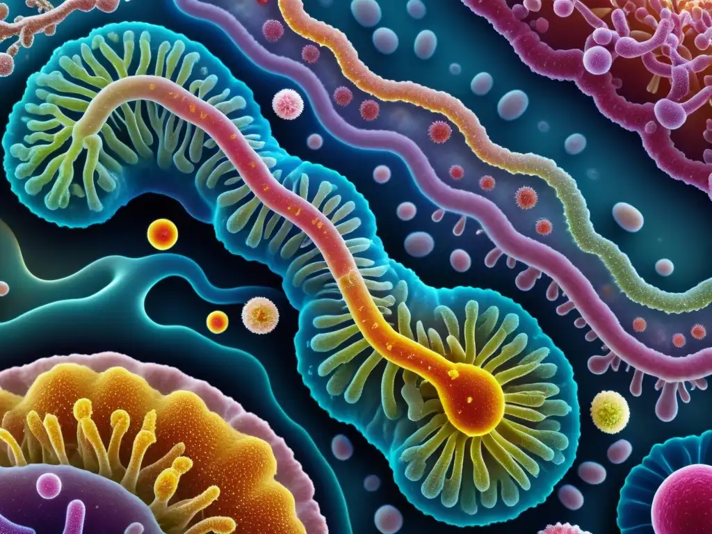 Detalle microscópico de la microbiota del intestino de un insecto, mostrando la red de microorganismos en colores vibrantes