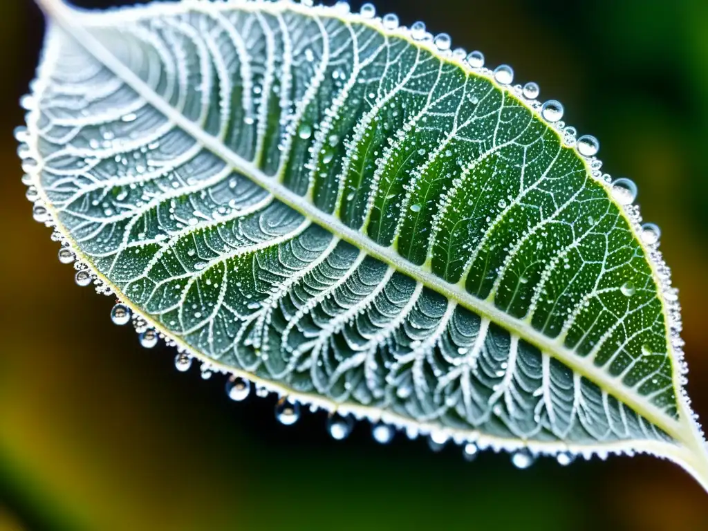 Detalle microscópico de tricomas brillantes con resina, defensas de las plantas contra insectos