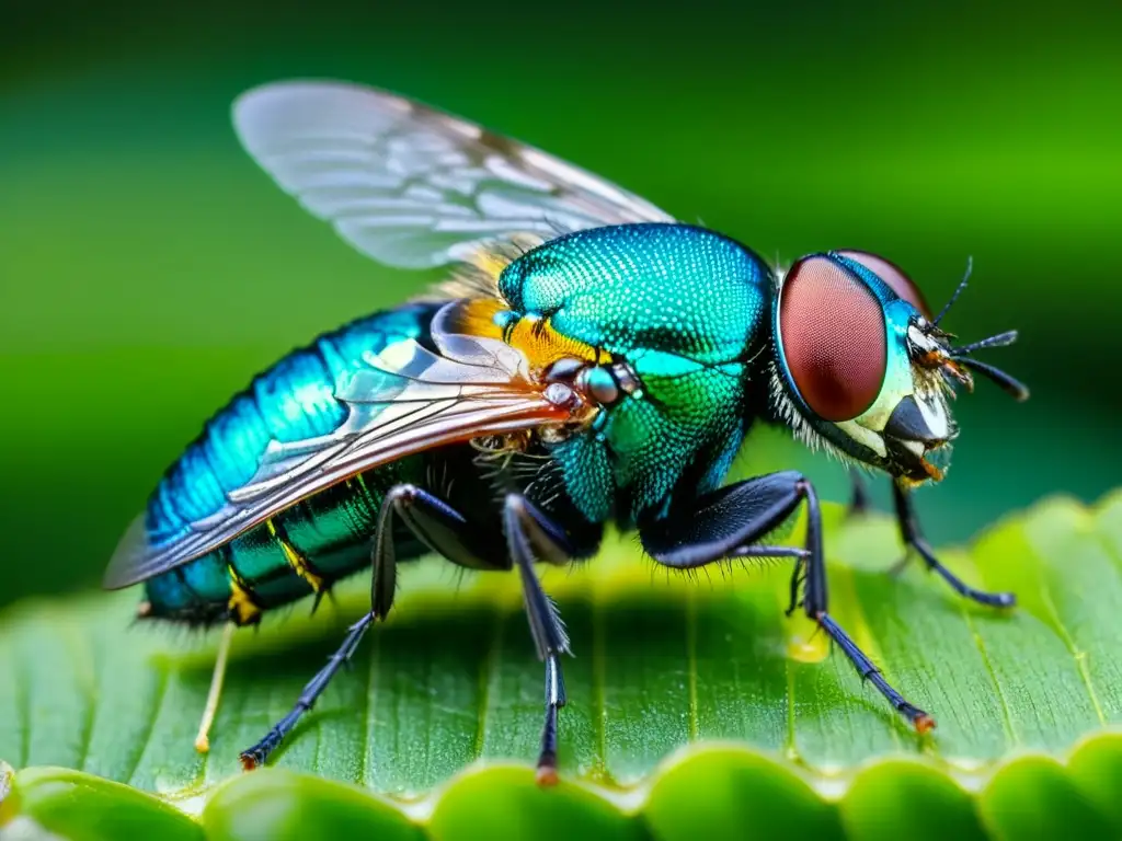 Detalle de una mosca azul sobre fruta en descomposición, destacando la belleza de la entomología forense aprendizaje online