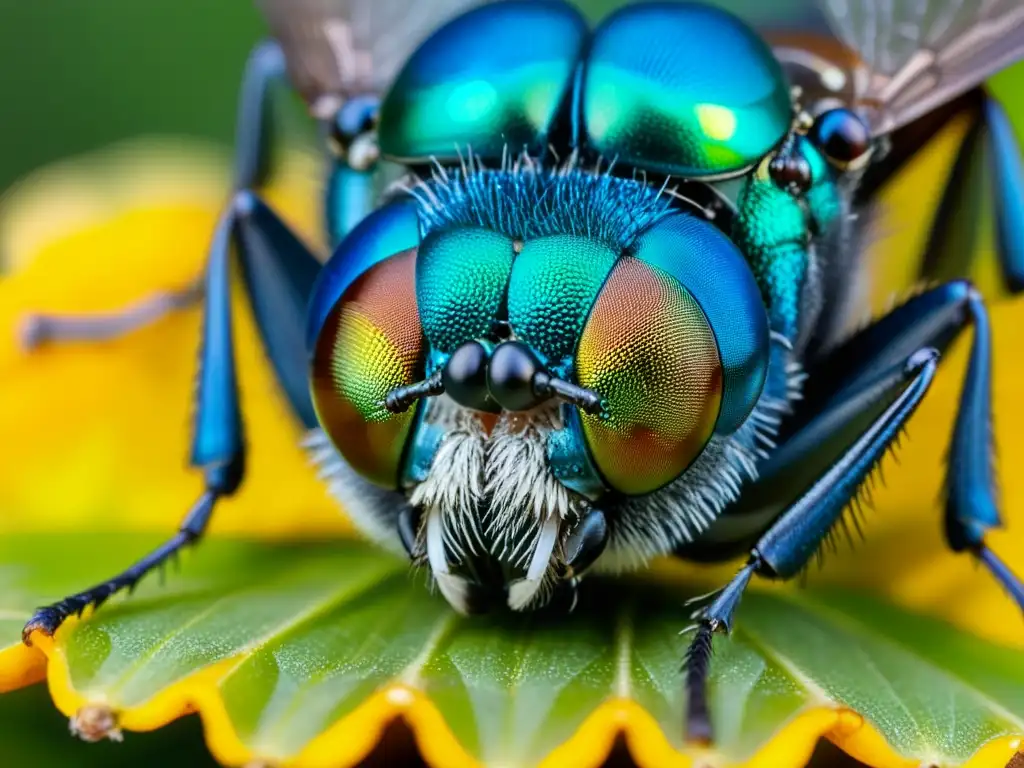 Detalle de mosca Calliphoridae iridiscente sobre fruta en descomposición, resaltando la importancia entomología forense crímenes