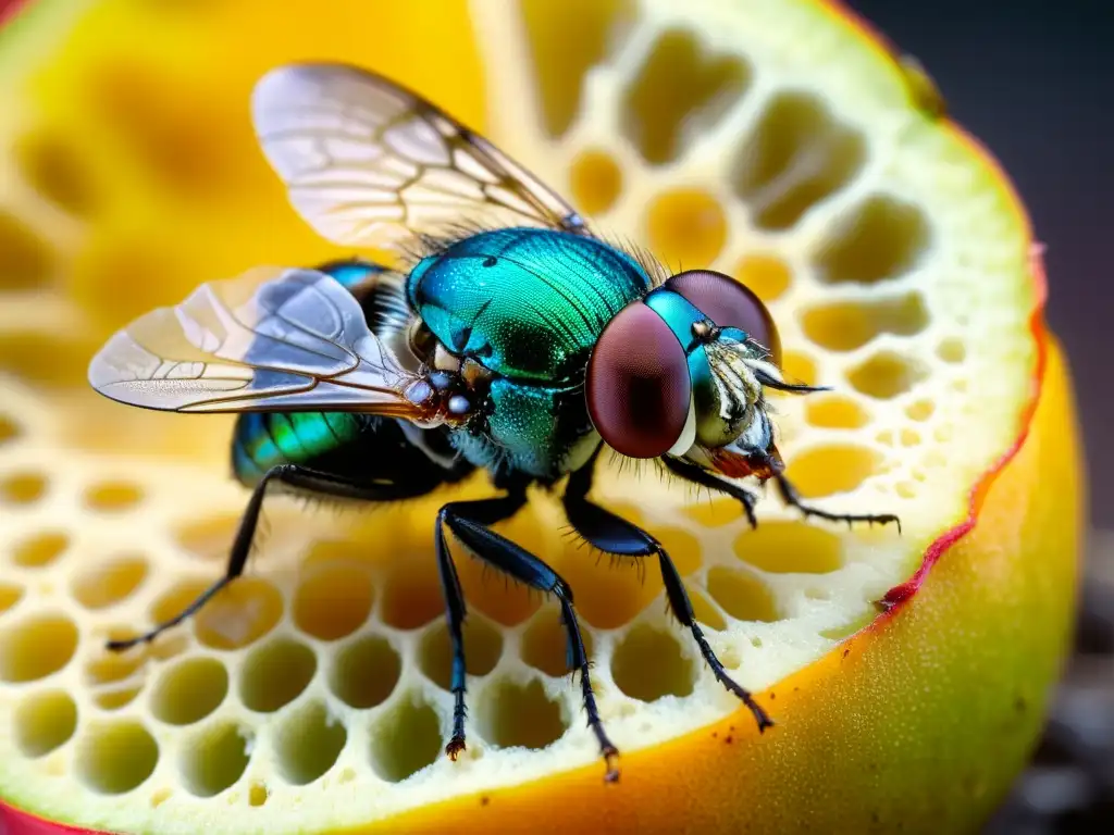 Detalle de una mosca sobre fruta en descomposición, ilustrando el significado simbólico de las moscas en la naturaleza