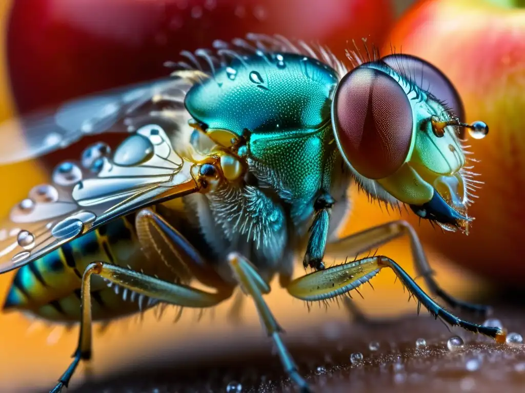 Detalle de una mosca de la fruta sobre una manzana podrida, mostrando sus ojos compuestos, alas delicadas y patas peludas