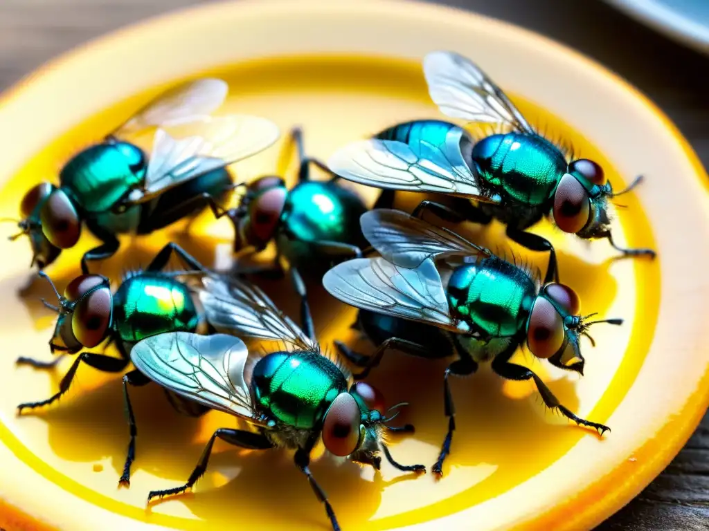 Detalle de moscas en comida, resaltando importancia de los insectos en enfermedades gastrointestinales