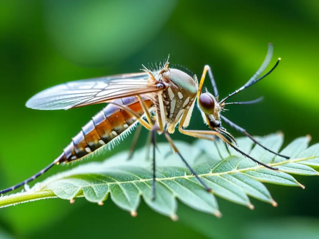 Detalle de un mosquito en hoja, con alas brillantes al sol