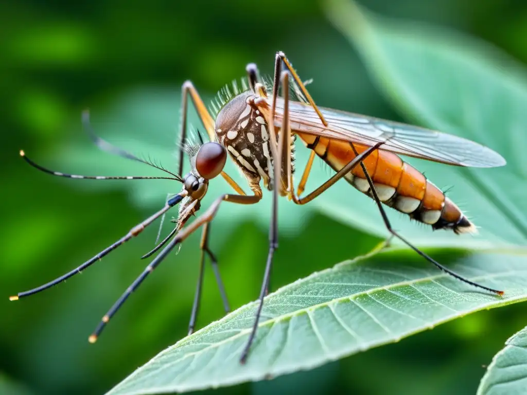 Detalle de un mosquito en una hoja con alas y cuerpo visibles, en un entorno natural de follaje verde