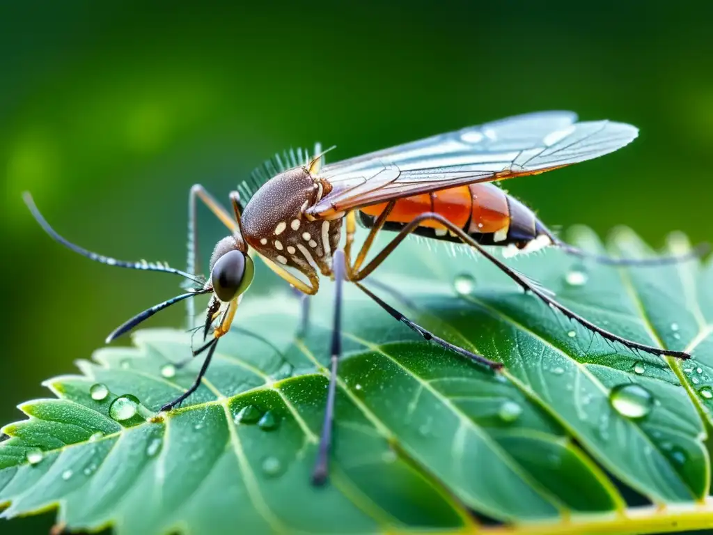 Detalle de un mosquito sobre una hoja, con gotas de agua en sus patas y ojos compuestos