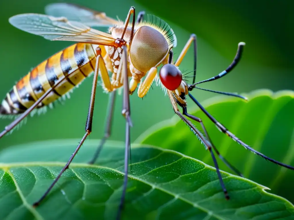 Detalle de un mosquito alimentándose en una hoja, mostrando el impacto del cambio climático en insectos