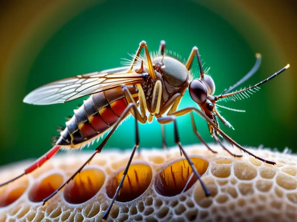 Detalle 8k de mosquito bajo microscopio, mostrando estructura y alimentación