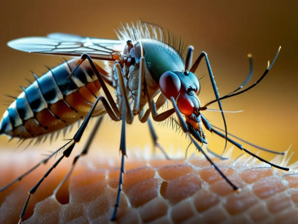 Detalle de un mosquito picando la piel humana, resaltando la urgencia del tema y la efectividad de los repelentes naturales y aceites esenciales