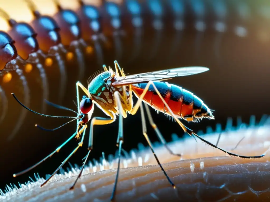 Detalle ultrarresolución de mosquitos y herramientas de edición genética CRISPR, ilustrando el control de plagas