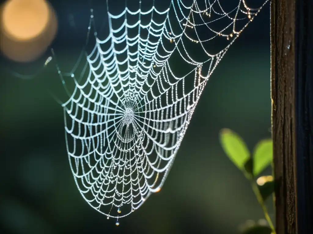 Detalle nocturno de una telaraña cubierta de rocío con estrategias nocturnas de supervivencia insectos