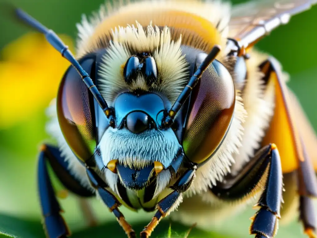 Detalle de ojo compuesto de abeja con reflejos de colores y patrón hexagonal