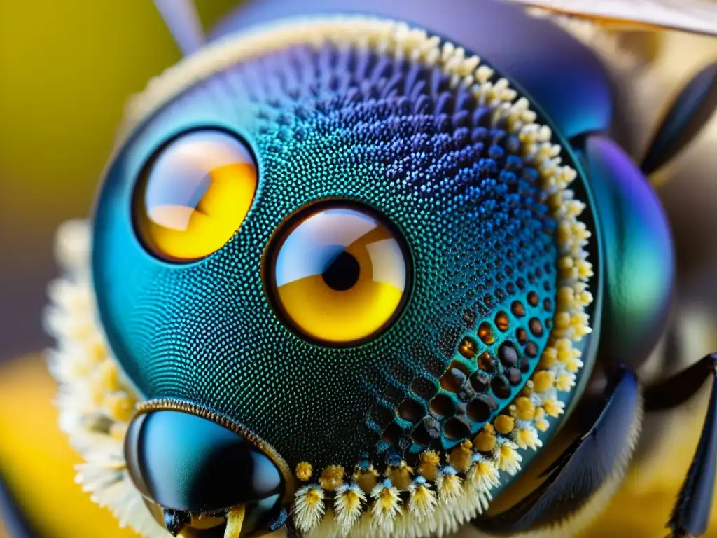 Detalle de ojo compuesto de abeja, mostrando fotorrecepción ultravioleta en insectos