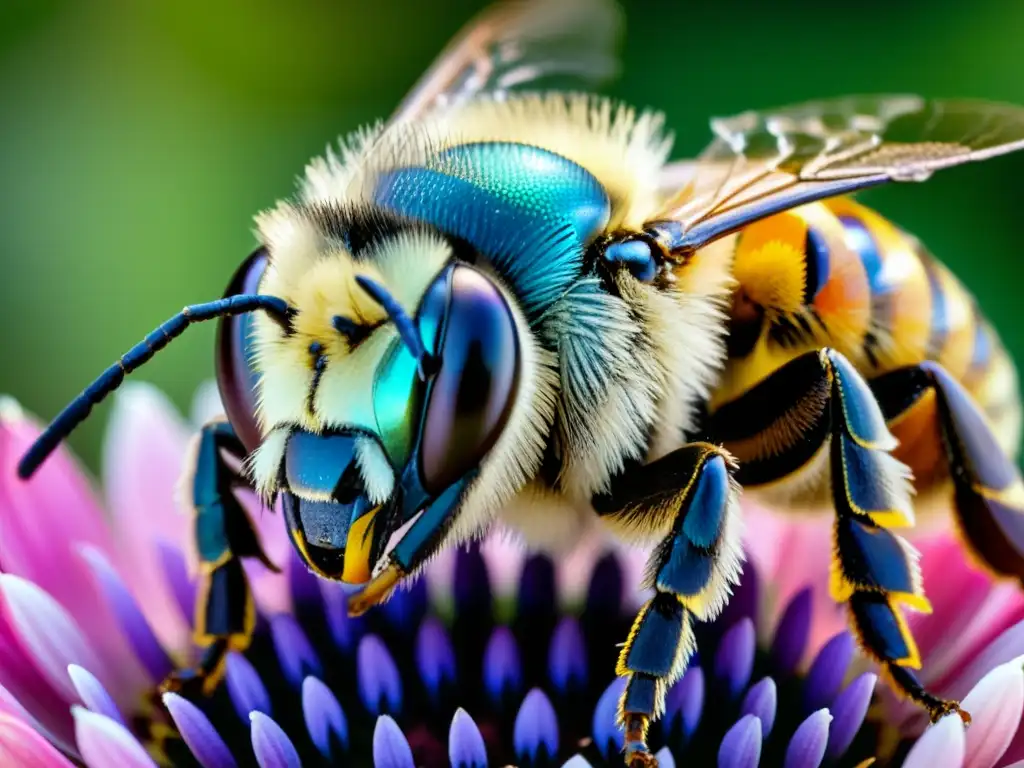 Detalle de ojo compuesto de abeja, reflejando su entorno con claridad