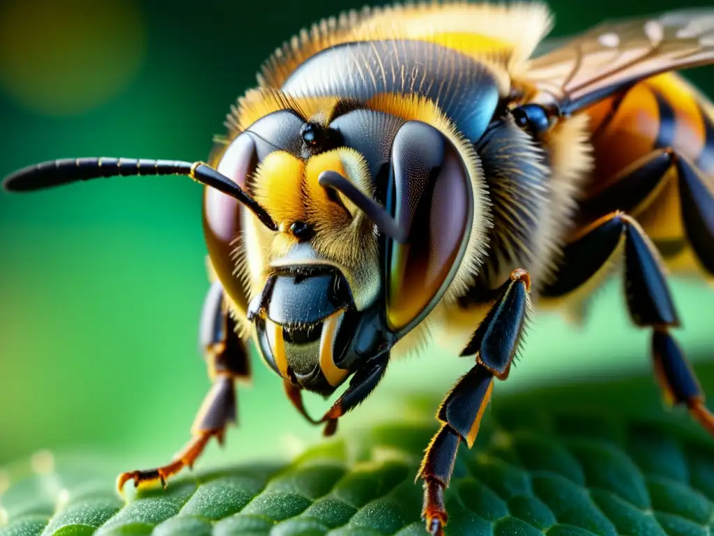 Detalle de ojo compuesto de abeja, resaltando patrón hexagonal y estructuras sensoriales