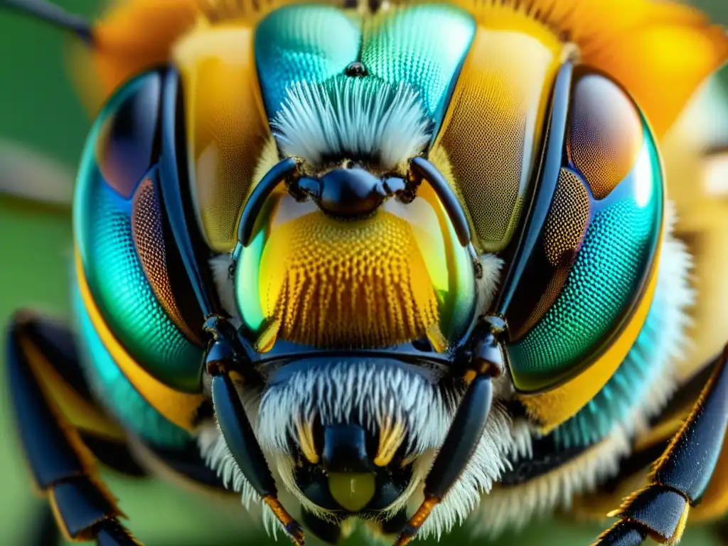 Detalle de ojo compuesto de abeja con patrón hexagonal, reflejando el entorno