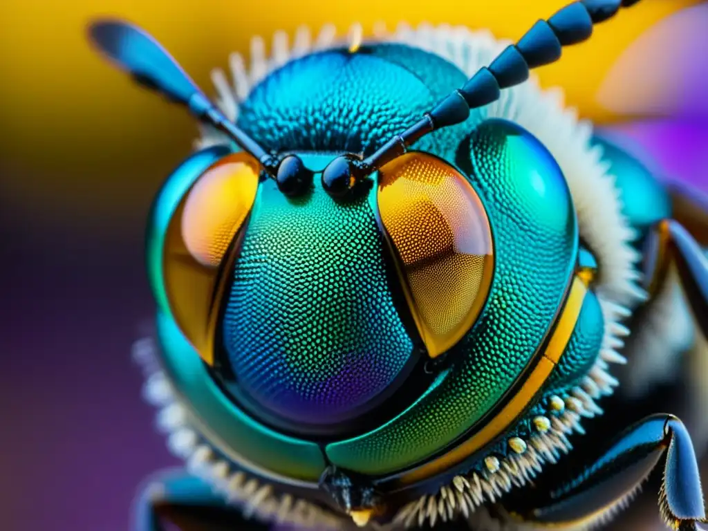 Detalle de ojo compuesto de abeja con fotorrecepción ultravioleta en insectos, mostrando patrón hexagonal de ommatidios y adaptaciones sensoriales