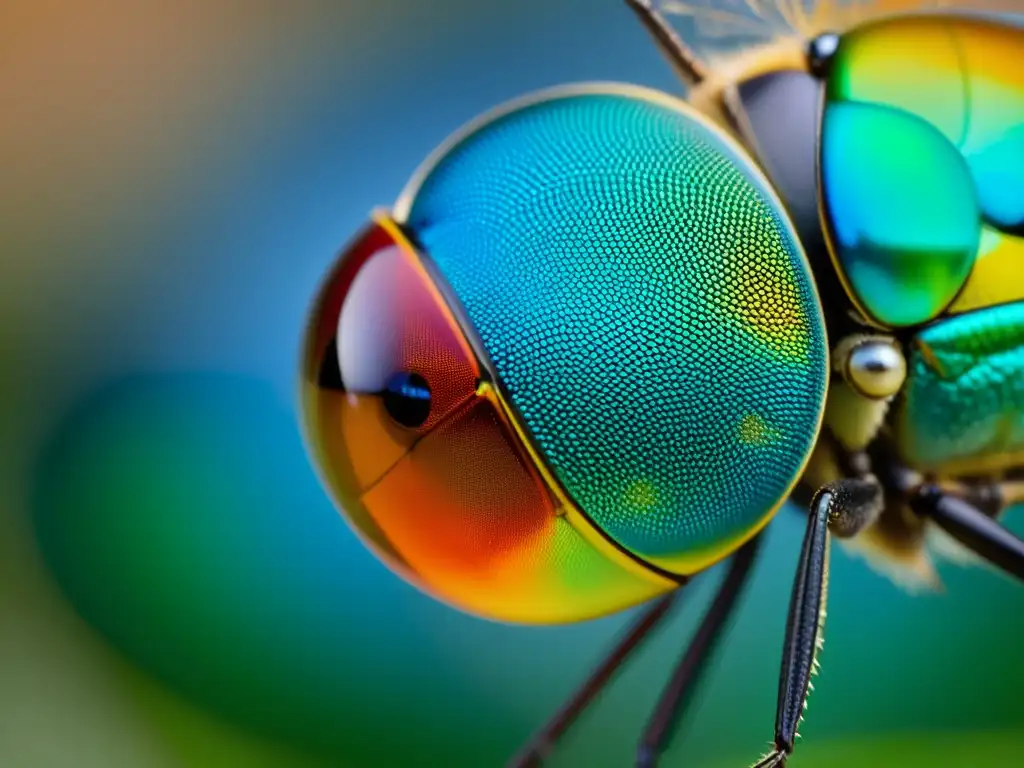 Detalle de ojo compuesto de libélula con patrón hexagonal y colores vivos, reflejando su entorno en una exhibición de luz refractada