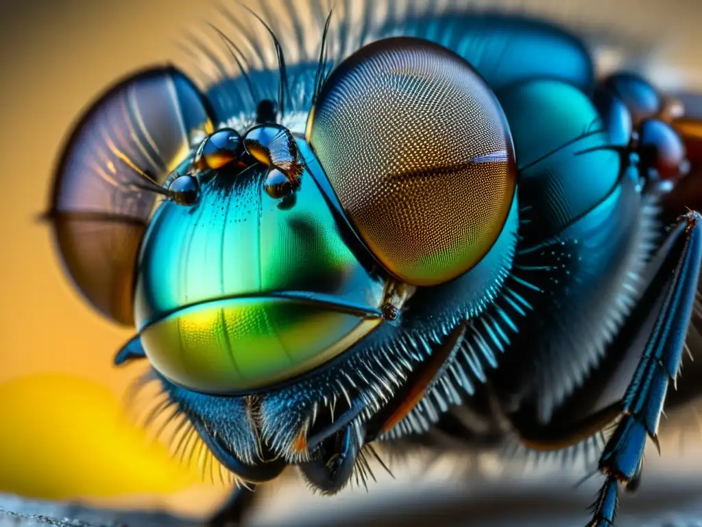 Detalle ultradefinido del ojo compuesto de una mosca común, resaltando sus facetas y superficie reflectante