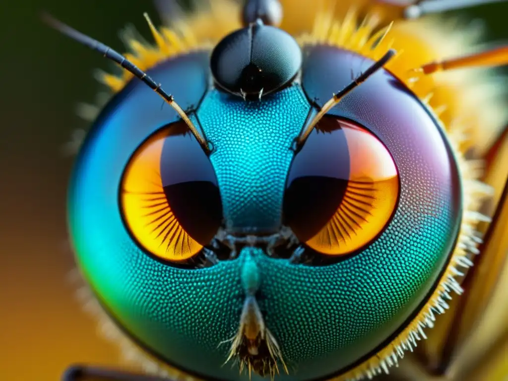 Detalle ultrarresolución del ojo compuesto de un mosquito, destacando su patrón hexagonal y textura brillante