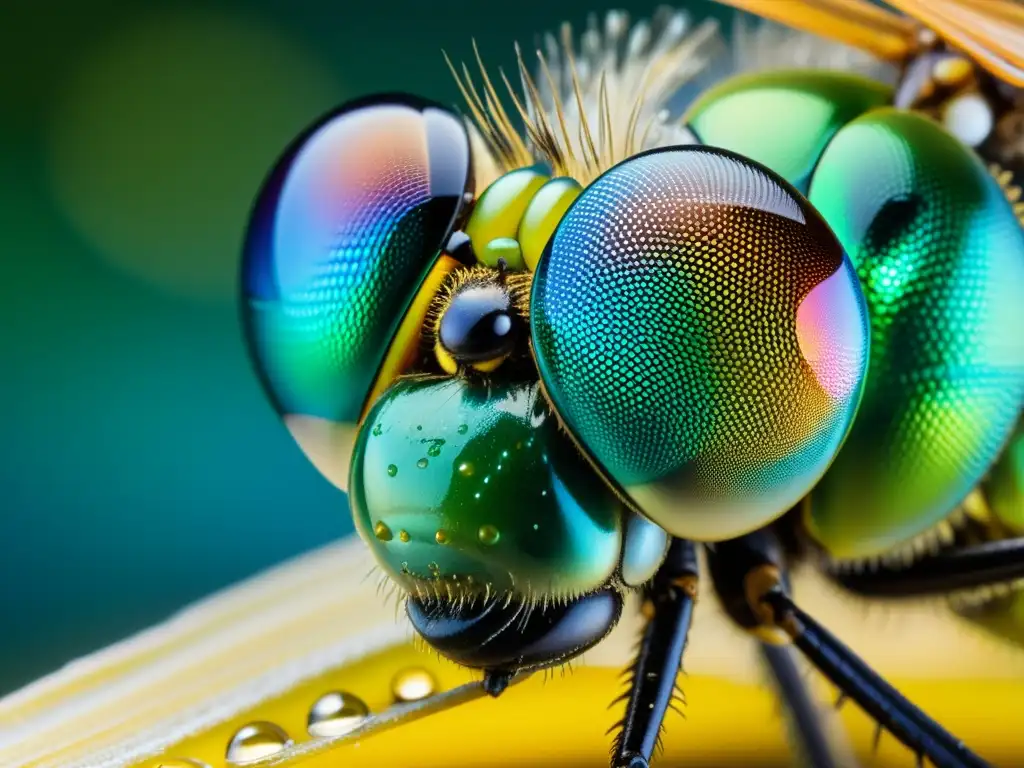 Detalle de los ojos compuestos de una libélula con patrón hexagonal y colores iridiscentes, resaltando adaptaciones anatómicas de insectos