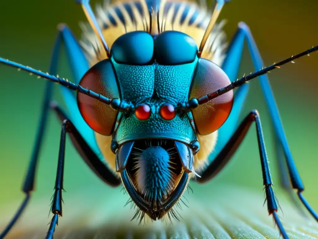 Detalle de ojos compuestos de mosquito con iridiscencia y probóscide extendida