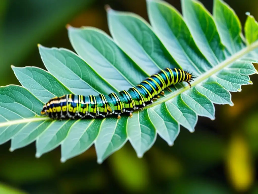 Detalle asombroso: Oruga en hoja verde con gotas de rocío Detalle de una oruga sobre una hoja verde vibrante, destacando sus patrones y texturas