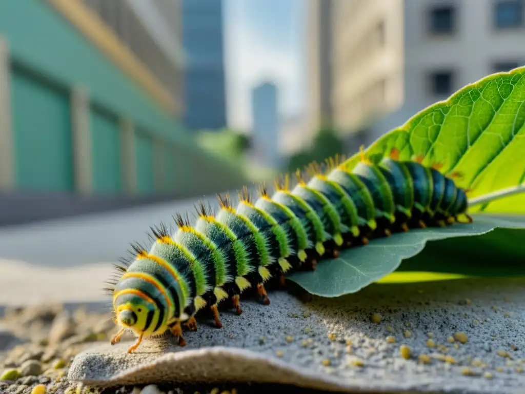 Detalle de una oruga en hoja verde en entorno urbano, representa metamorfosis insectos entornos urbanos