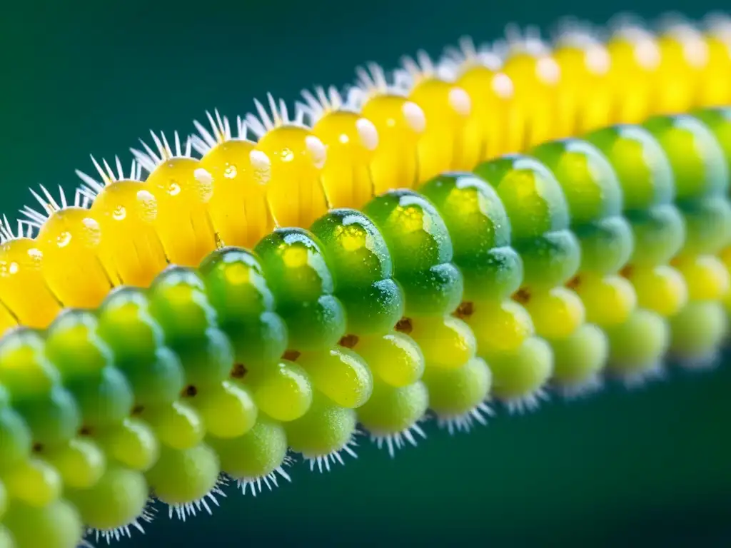 Detalle de oruga verde con gotas de Bacillus thuringiensis, mostrando el control de plagas con bacterias