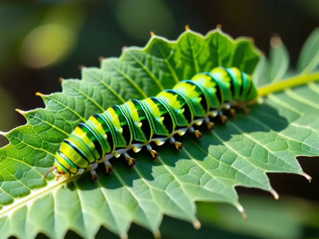 Detalle de una oruga verde vibrante en una hoja, mostrando su belleza natural