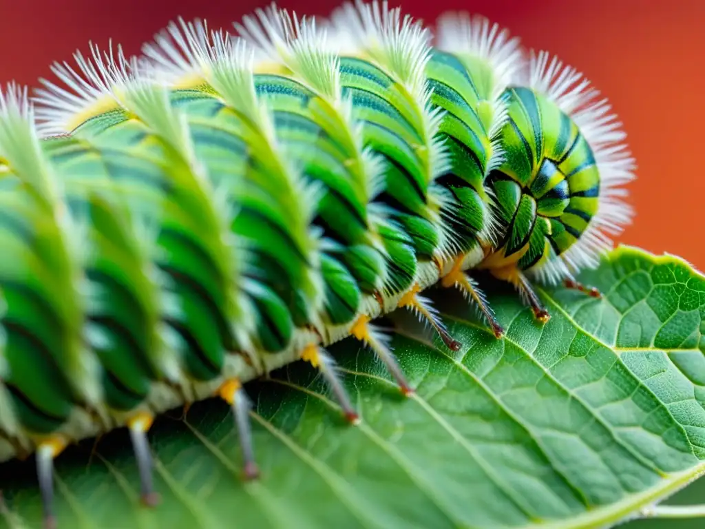 Transformación en detalle: una oruga verde vibrante devorando una hoja, mostrando la belleza intrincada de la naturaleza