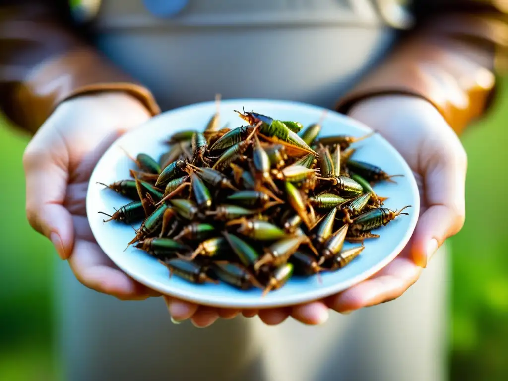 Detalle de persona sosteniendo plato de grillos cocidos, destacando textura y colores vibrantes, transmitiendo huella ecológica de comer insectos