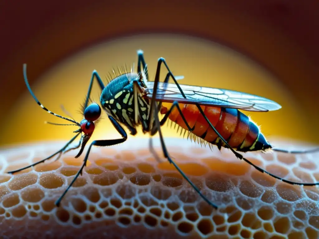 Detalle de una picadura de mosquito mostrando el proceso de alimentación y la importancia de la prevención de la fiebre del Nilo Occidental