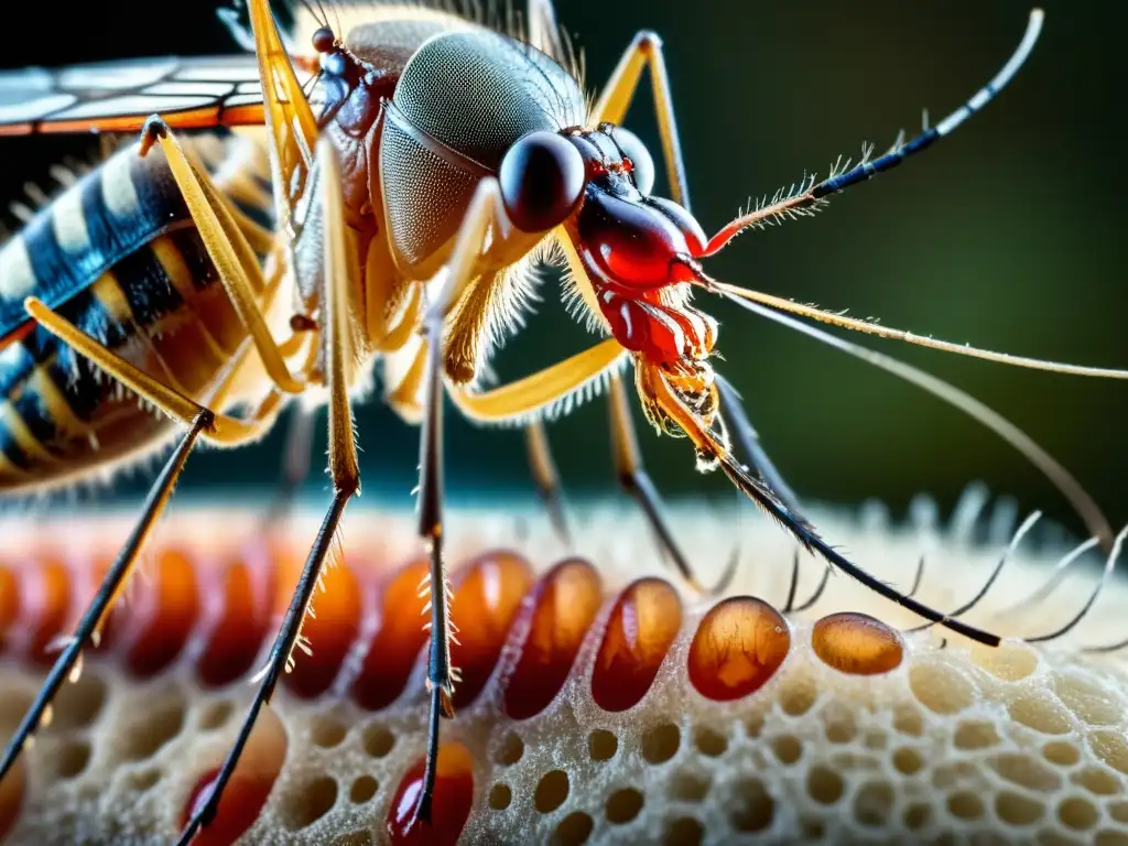 Detalle increíble: mosquito alimentándose de la piel humana, mostrando la compleja interacción en entomología médica