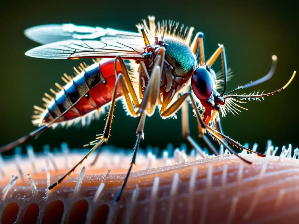 Detalle ultrarresolución de mosquito en piel humana, reflejando interacción compleja