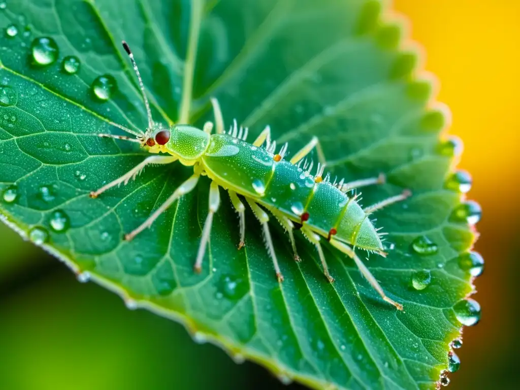 Detalle de plagas resistentes a pesticidas control en hoja verde, con gotas de rocío y patrones en exoesqueleto