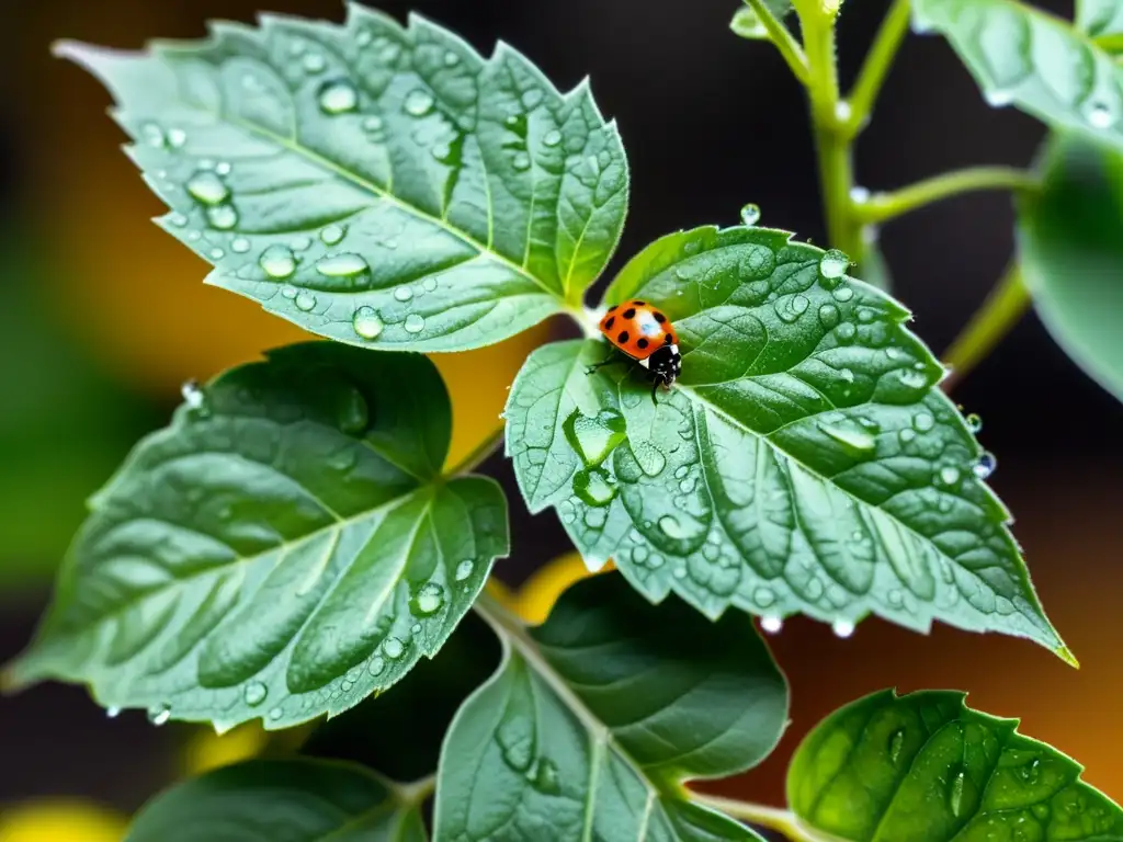 Detalle de planta de albahaca con gotas de agua, hojas verdes, insectos beneficiosos y afidos