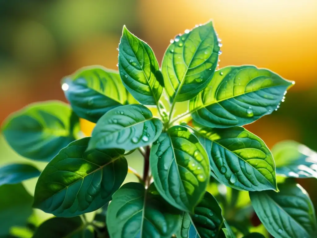 Detalle de una planta de albahaca verde vibrante con gotas de agua, mostrando sus propiedades repelentes de plagas e insectos