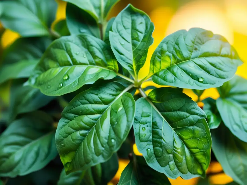 Detalle de planta de albahaca verde con gotas de agua, estrategias ecológicas para repeler insectos dañinos en jardín soleado